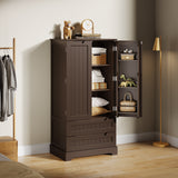 63-Inch Dark Brown Pantry Cabinet, Moisture-Proof & Anti-Tip with Drawers and Barn Doors for Spacious Storage