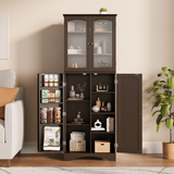 Asofer 64"H Kitchen Pantry Storage Cabinet with 5 Adjustable Shelves &amp; 4 Acrylic Glass Door &amp; 4 Shelf Guardrails for Kitchen, Dining Room, Dark Brown/White
