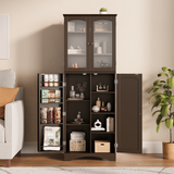 Asofer 64" Kitchen Pantry Cabinet, Tall Storage Cabinet, Glass Door and Adjustable Shelves, for Kitchen, Brown