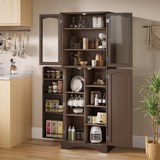 Asofer 64"H Kitchen Pantry Storage Cabinet with 5 Adjustable Shelves &amp; 4 Acrylic Glass Door &amp; 4 Shelf Guardrails for Kitchen, Dining Room, Dark Brown/White