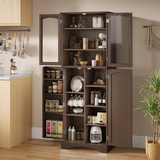 Asofer 64" Kitchen Pantry Cabinet, Tall Storage Cabinet, Glass Door and Adjustable Shelves, for Kitchen, Brown