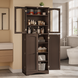 Asofer 64"H Kitchen Pantry Storage Cabinet with 5 Adjustable Shelves &amp; 4 Acrylic Glass Door &amp; 4 Shelf Guardrails for Kitchen, Dining Room, Dark Brown/White