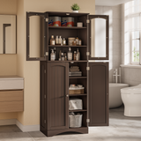 Asofer 64" Kitchen Pantry Cabinet, Tall Storage Cabinet, Glass Door and Adjustable Shelves, for Kitchen, Brown