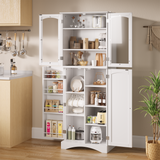 Asofer 64"H Kitchen Pantry Storage Cabinet with 5 Adjustable Shelves &amp; 4 Acrylic Glass Door &amp; 4 Shelf Guardrails for Kitchen, Dining Room, Dark Brown/White