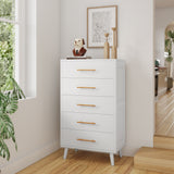 White Dresser for Bedroom, Asofer 5 Drawer Wood Storage with Metal Handles, Tall Vertical Dresser Nursery Dresser