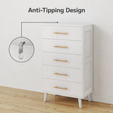 White Dresser for Bedroom, Asofer 5 Drawer Wood Storage with Metal Handles, Tall Vertical Dresser Nursery Dresser