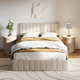 Asofer Queen Upholstered Bed Frame with 4 Wheeled Storage Drawers & 3-Step Adjustable Headboard, Solid Wood Slat Support, Beige