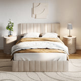 Asofer Full Bed Frames with 4 Storage Drawers on Wheels,Beige Headboard Adjustable, Wood Slats, Fits 6" to 12" Mattress