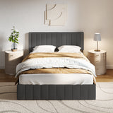 Asofer Full Size Storage Bed Frame w/4 Wheels, Adjustable Headboard & Wood Slats, Dark Gray