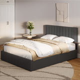 Asofer Full Size Storage Bed Frame w/4 Wheels, Adjustable Headboard & Wood Slats, Dark Gray