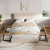 Asofer Full Upholstered Bed Frame with 4 Rolling Storage Drawers & 3-Step Adjustable Headboard, Solid Wood Slat Base, Beige