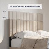 Asofer Queen Upholstered Bed Frame with 4 Wheeled Storage Drawers & 3-Step Adjustable Headboard, Solid Wood Slat Support, Beige