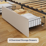 Asofer Queen Upholstered Bed Frame with 4 Wheeled Storage Drawers & 3-Step Adjustable Headboard, Solid Wood Slat Support, Beige