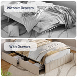 Asofer Full Upholstered Bed Frame with 4 Rolling Storage Drawers & 3-Step Adjustable Headboard, Solid Wood Slat Base, Beige