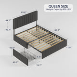 Asofer Queen Bed Frames with 4 Storage Drawers on Wheels, Upholstered Headboard Adjustable, Wood Slats