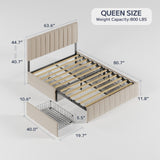Asofer Queen Upholstered Bed Frame with 4 Wheeled Storage Drawers & 3-Step Adjustable Headboard, Solid Wood Slat Support, Beige