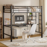 Asofer Twin Metal Loft Bed Frame w/Desk & CPU Station, Charging & RGB Lights, Safety Rails - Black