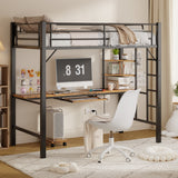 Asofer Twin Metal Loft Bed Frame w/Desk & CPU Station, Charging & RGB Lights, Safety Rails - Black Retro