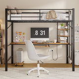 Asofer Twin Metal Loft Bed Frame w/Desk & CPU Station, Charging & RGB Lights, Safety Rails - Black Retro