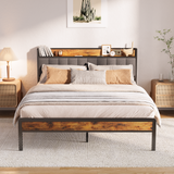 Asofer King Bed Frame with Storage Headboard, Metal Platform, Dark Gray