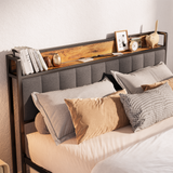 Asofer King Bed Frame with Storage Headboard, Metal Platform, Dark Gray