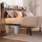 Asofer Queen Bed Frame with Upholstered Headboard, Metal Platform, Dark Gray