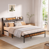 Asofer King Bed Frame with Storage Headboard, Metal Platform, Dark Gray