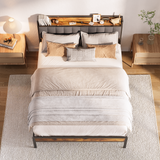 Asofer King Bed Frame with Storage Headboard, Metal Platform, Dark Gray