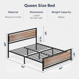 Asofer Queen Size Bed Frame with Wooden Headboard for Bedroom, 800lbs, Large Under Bed Storage, Grey