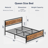 Asofer Queen Size Bed Frame with Wooden Headboard & Footboard for Bedroom, Noise Free, Retro