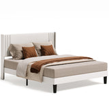 Asofer Queen Bed Frame, Upholstered Platform w/Wingback Headboard & Wood Slats - Quiet, White