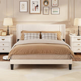 Asofer Queen Bed Frame, Upholstered Platform w/Wingback Headboard & Wood Slats - Quiet, White