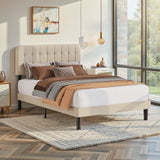 Asofer Full Beige Upholstered Platform Bed Frame, Dual Height Adjustable Linen Headboard, Silent Wood Slat Base, No Box Spring Required
