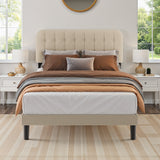 Asofer Full Beige Upholstered Platform Bed Frame, Dual Height Adjustable Linen Headboard, Silent Wood Slat Base, No Box Spring Required