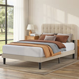 Asofer Full Beige Upholstered Platform Bed Frame, Dual Height Adjustable Linen Headboard, Silent Wood Slat Base, No Box Spring Required