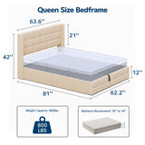 Asofer Queen Size Lift Up Storage Bed, Queen Bed Frame with Upholstered Wingback Headboard, Hydraulic Storage, Beige