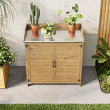 Asofer Fir Wood Outdoor Potting Bench with Galvanized Metal Tabletop, Removable Shelf & Magnetic Double Doors, Garden Storage Cabinet for Backyard, Patio, Lawn, Natural