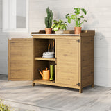 Asofer Fir Wood Outdoor Potting Bench with Galvanized Metal Tabletop, Removable Shelf & Magnetic Double Doors, Garden Storage Cabinet for Backyard, Patio, Lawn, Natural