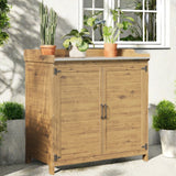 Lofka Outdoor Wooden Storage Cabinet with Potting Bench, Natural Wood Color, Weatherproof Garden Work Station, Patio Tool Shed for Backyard