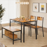 Asofer 4 Piece Dining Table with 2 Chairs and Bench for Kitchen, Table Set with Storage Rack, Small Space, Retro