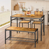 Asofer 4 Piece Dining Table with 2 Chairs and Bench for Kitchen, Table Set with Storage Rack, Small Space, Retro