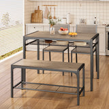 Asofer Dining Table Set for 4, with Wood Table, 2 Chairs and Bench, Storage Shelves, for Small Space,Grey