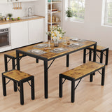 Asofer 63" Dining Table Set for 6, Kitchen Table Set with 4 Benches and Metal Frame, Retro Dinette Clearance