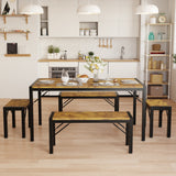Asofer 63" Dining Table Set for 6, Kitchen Table Set with 4 Benches and Metal Frame, Retro Dinette Clearance
