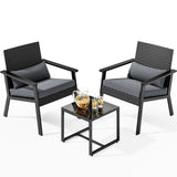 3 Pieces Patio Furniture Set, Asofer Wicker Patio Bistro Set with Glass Table for Balcony, Porch, Lawn, Gray