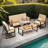 Asofer 4-PCS Patio Furniture Set on Sale, Outdoor Conversation Set with Cushion & Wooden Handle for lawn, Yard, Poolside, Beige