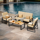 Asofer 4-PCS Patio Furniture Set on Sale, Outdoor Conversation Set with Cushion & Wooden Handle for lawn, Yard, Poolside, Beige