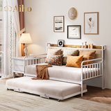 Daybed with Trundle, Twin Day Bed Frame with Storage Headboard and Charging Station, Sturdy Metal Sofa Bed with Pull-Out Trundle for Living Room, Bedroom and Guest Room - Beige