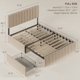 Asofer Full Upholstered Bed Frame with 4 Rolling Storage Drawers & 3-Step Adjustable Headboard, Solid Wood Slat Base, Beige