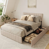 Queen Bed Frame with Storage Drawers, Jolifa Linen Upholstered Platform Bed with Adjustable Headboard, No Box Spring Needed, Beige